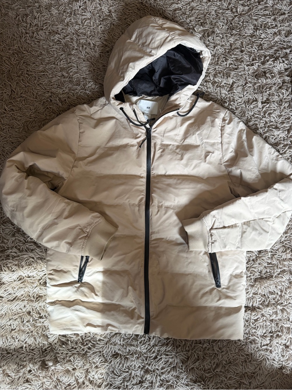 H&M Men's Hooded Puffer Jacket in Light Beige with Black Trim
